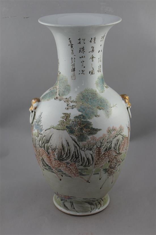 A large Chinese deer enamelled porcelain vase, Republic period, 50.5cm.